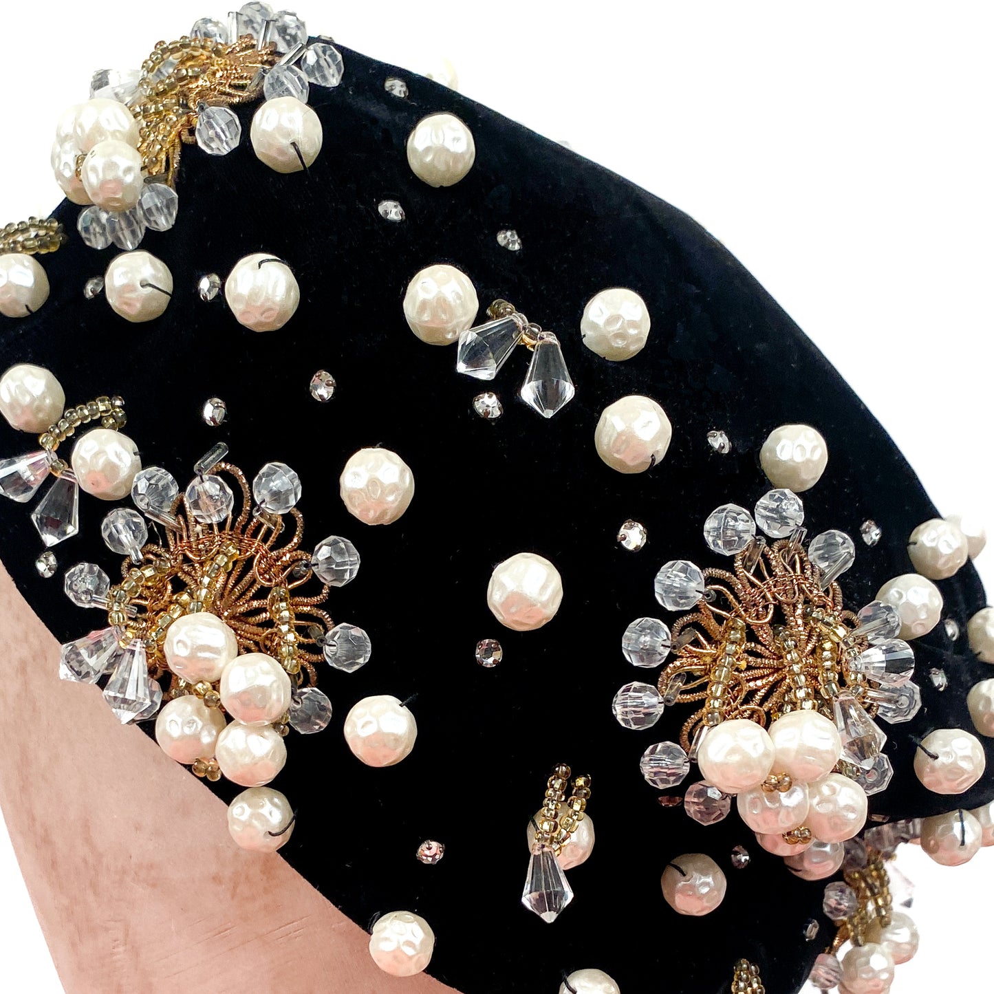 1950s Stunning Black Velvet Pearl, Rhinestone and Beaded Pillbox Hat/ One Size