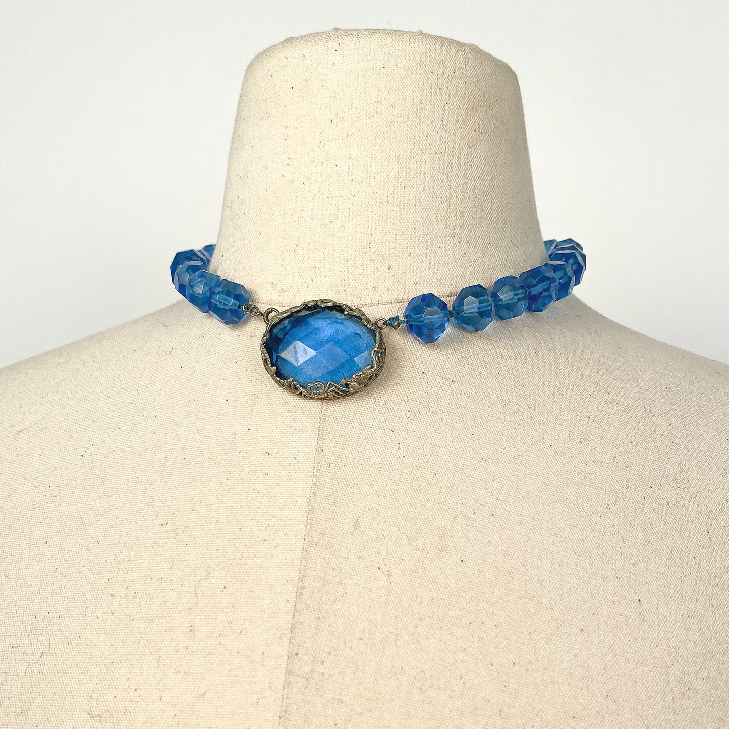 1930s Hand Knotted Fasted Blue Glass Bead Necklace