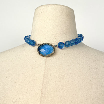 1930s Hand Knotted Fasted Blue Glass Bead Necklace