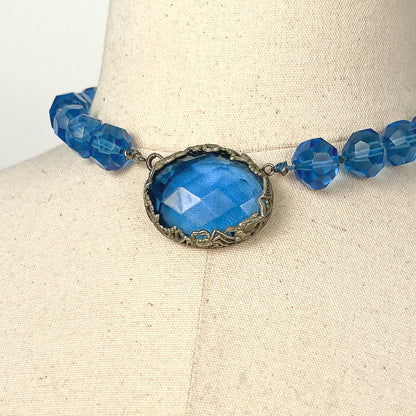 1930s Hand Knotted Fasted Blue Glass Bead Necklace