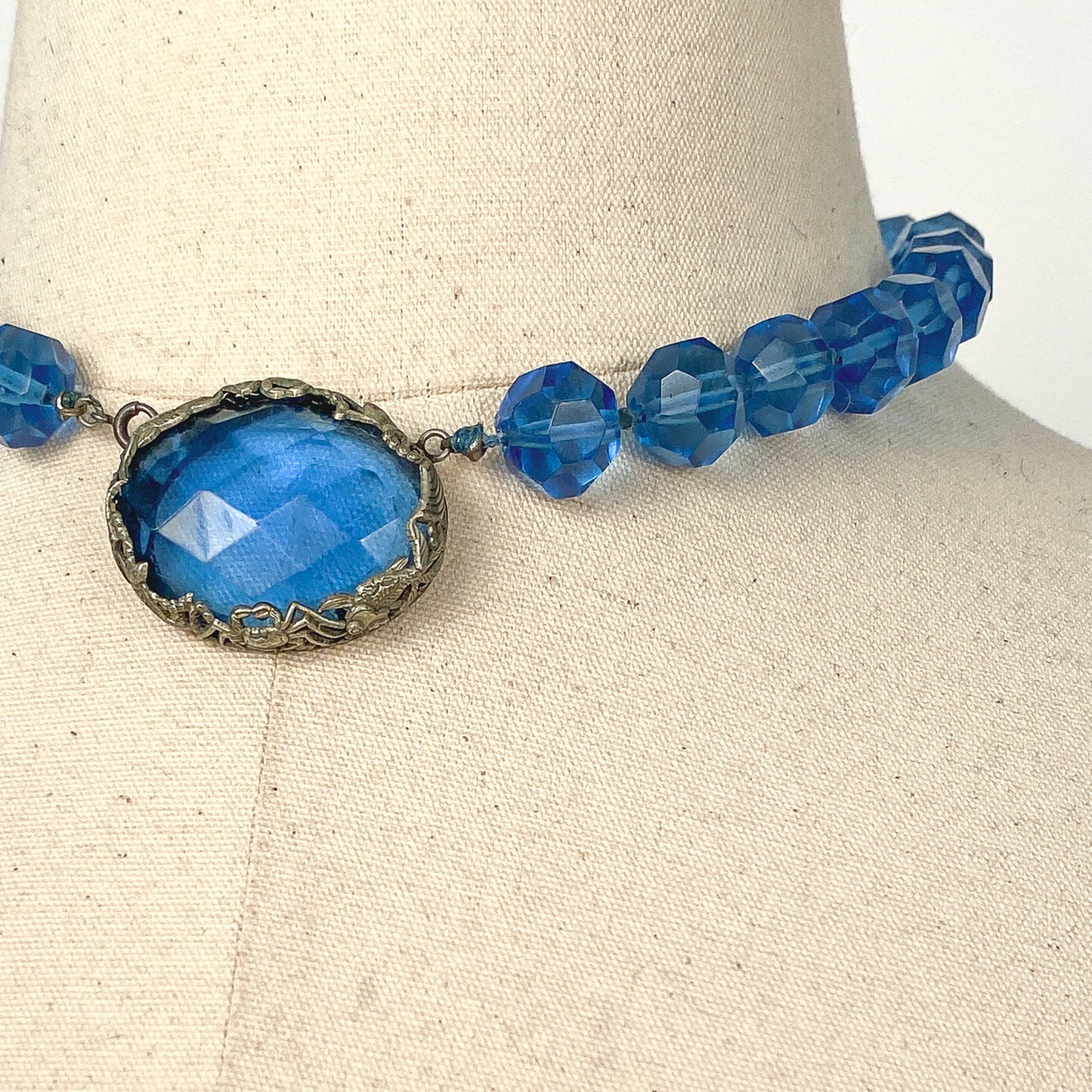 1930s Hand Knotted Fasted Blue Glass Bead Necklace