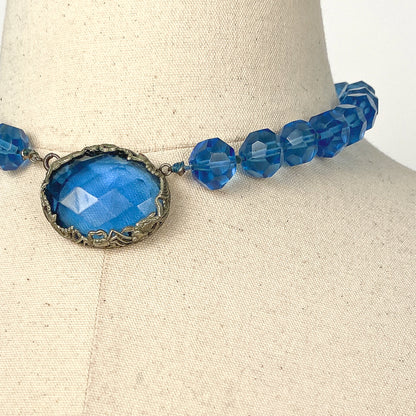 1930s Hand Knotted Fasted Blue Glass Bead Necklace