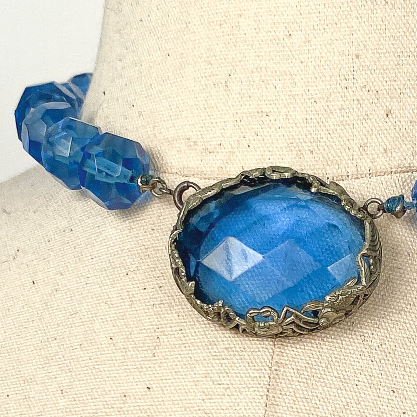 1930s Hand Knotted Fasted Blue Glass Bead Necklace