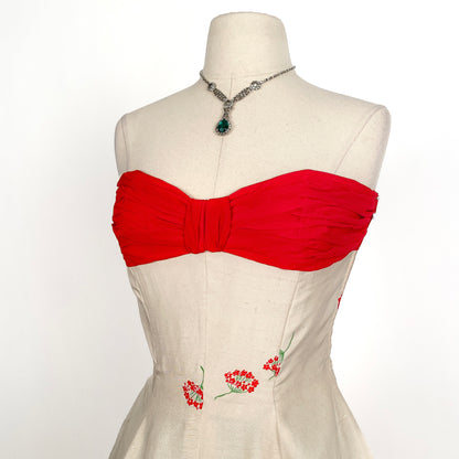 Stunning 1950s Cream Silk Gown with Red Chiffon Bodice by Jo Copeland / Waist 28
