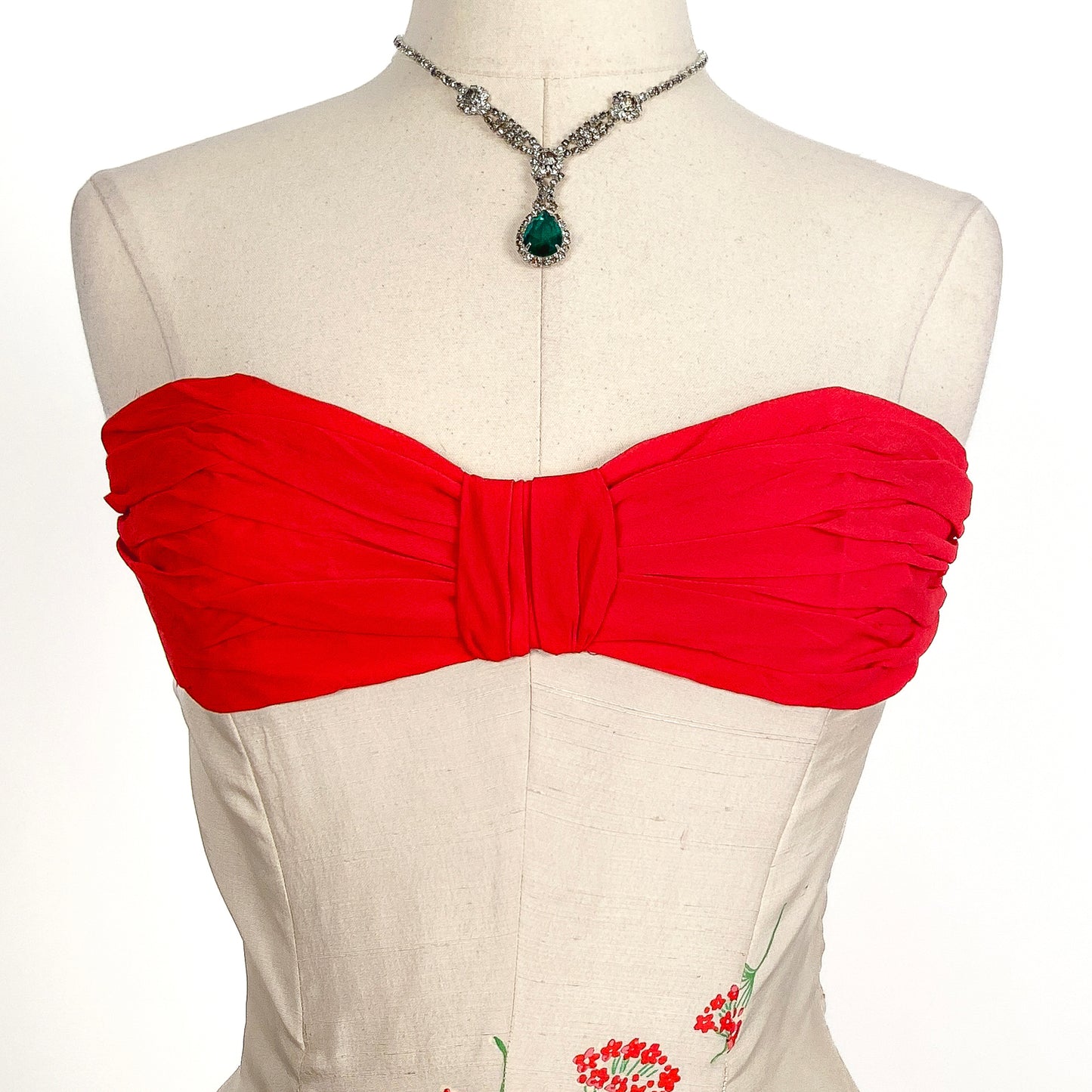 Stunning 1950s Cream Silk Gown with Red Chiffon Bodice by Jo Copeland / Waist 28