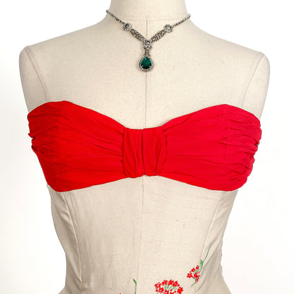 Stunning 1950s Cream Silk Gown with Red Chiffon Bodice by Jo Copeland / Waist 28
