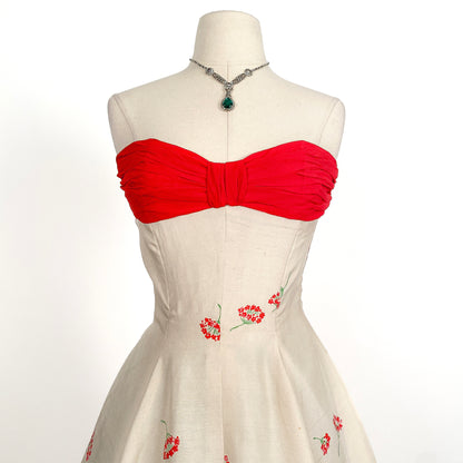 Stunning 1950s Cream Silk Gown with Red Chiffon Bodice by Jo Copeland / Waist 28
