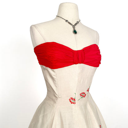 Stunning 1950s Cream Silk Gown with Red Chiffon Bodice by Jo Copeland / Waist 28