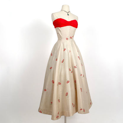 Stunning 1950s Cream Silk Gown with Red Chiffon Bodice by Jo Copeland / Waist 28