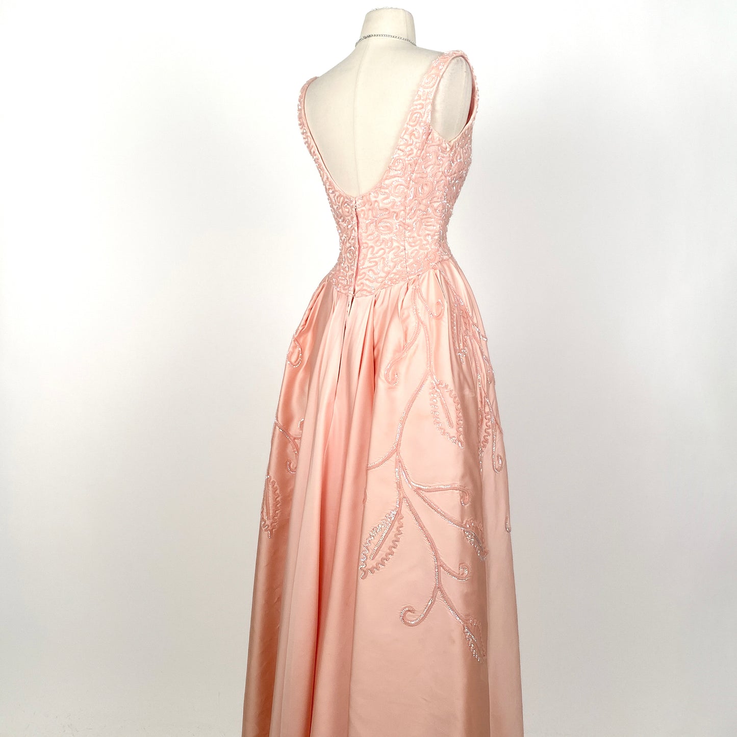 1960s Pink Satin Gown with Iridescent Sequins by Emma Domb / Waist 24