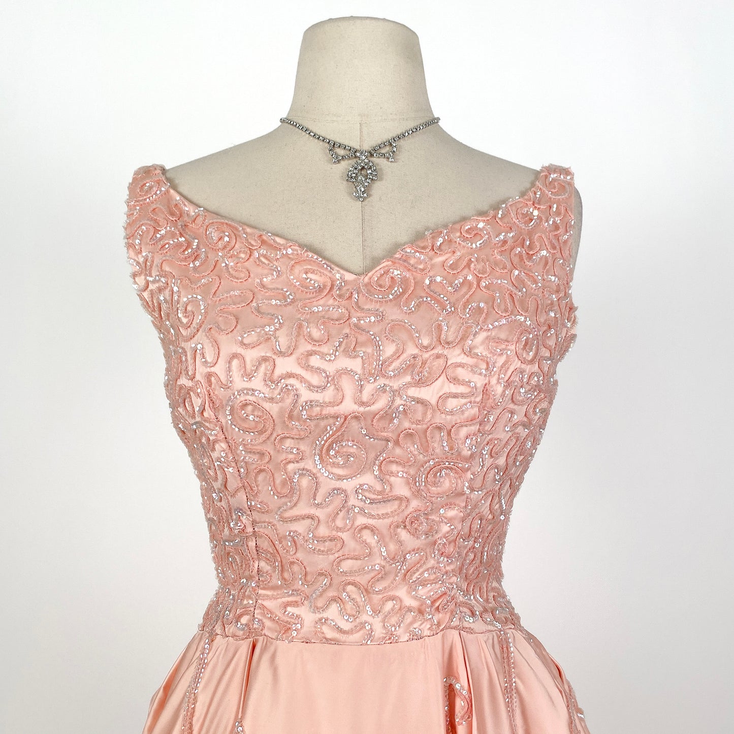 1960s Pink Satin Gown with Iridescent Sequins by Emma Domb / Waist 24