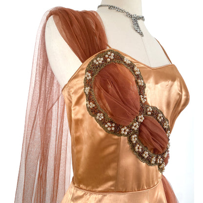 1950s Ultra Glamorous Bronze Liquid Satin Dress with Tulle Sash by Emma Domb / Waist 26