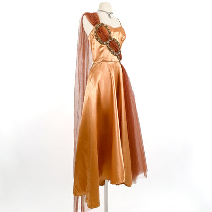 1950s Ultra Glamorous Bronze Liquid Satin Dress with Tulle Sash by Emma Domb / Waist 26
