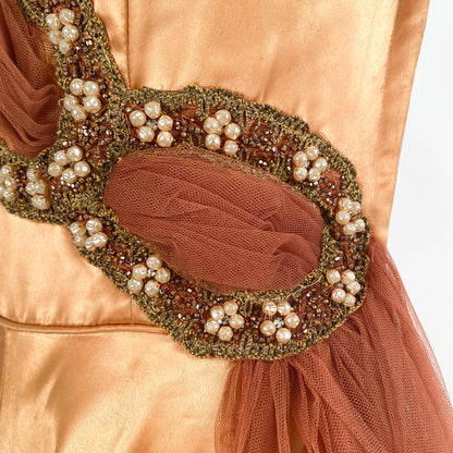 1950s Ultra Glamorous Bronze Liquid Satin Dress with Tulle Sash by Emma Domb / Waist 26