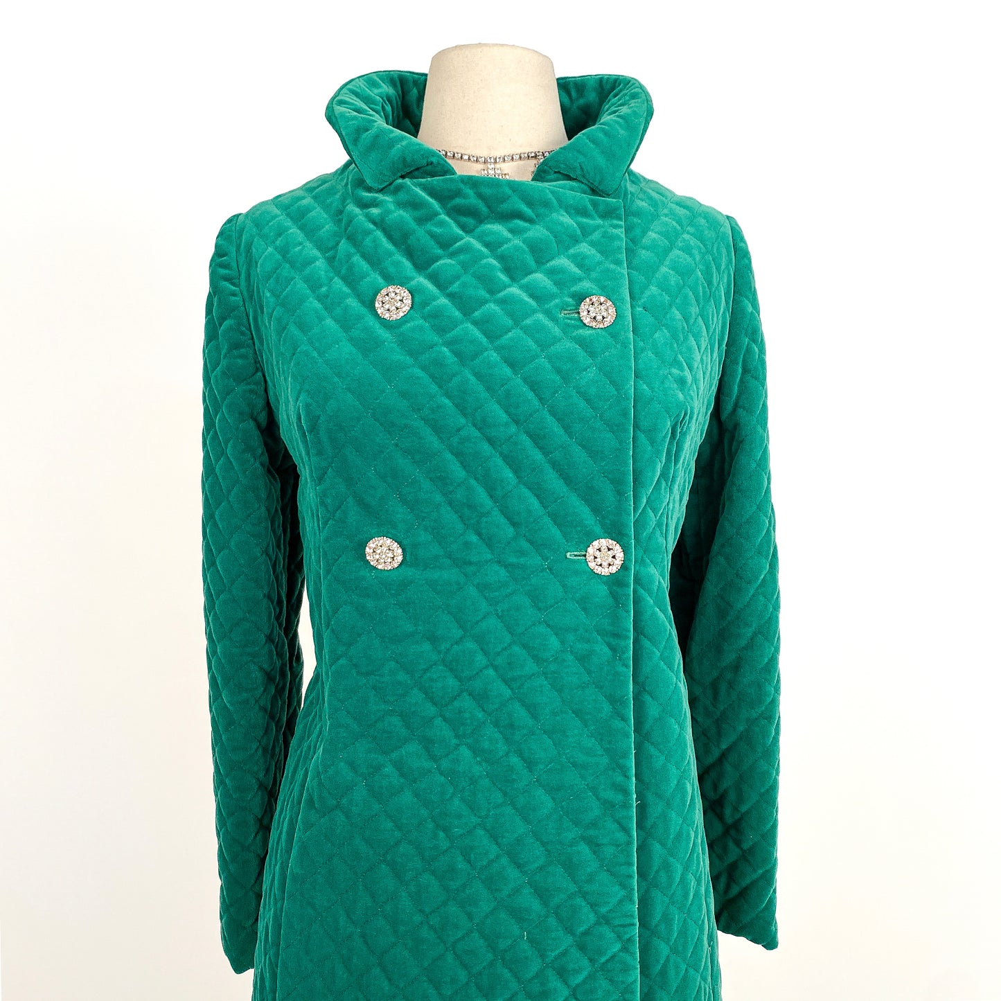 1960s Emerald Velveteen Quilted Evening Coat / One Size