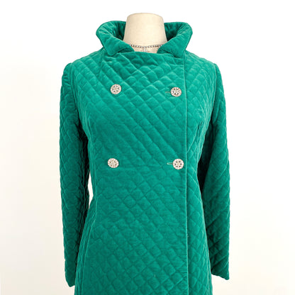 1960s Emerald Velveteen Quilted Evening Coat / One Size