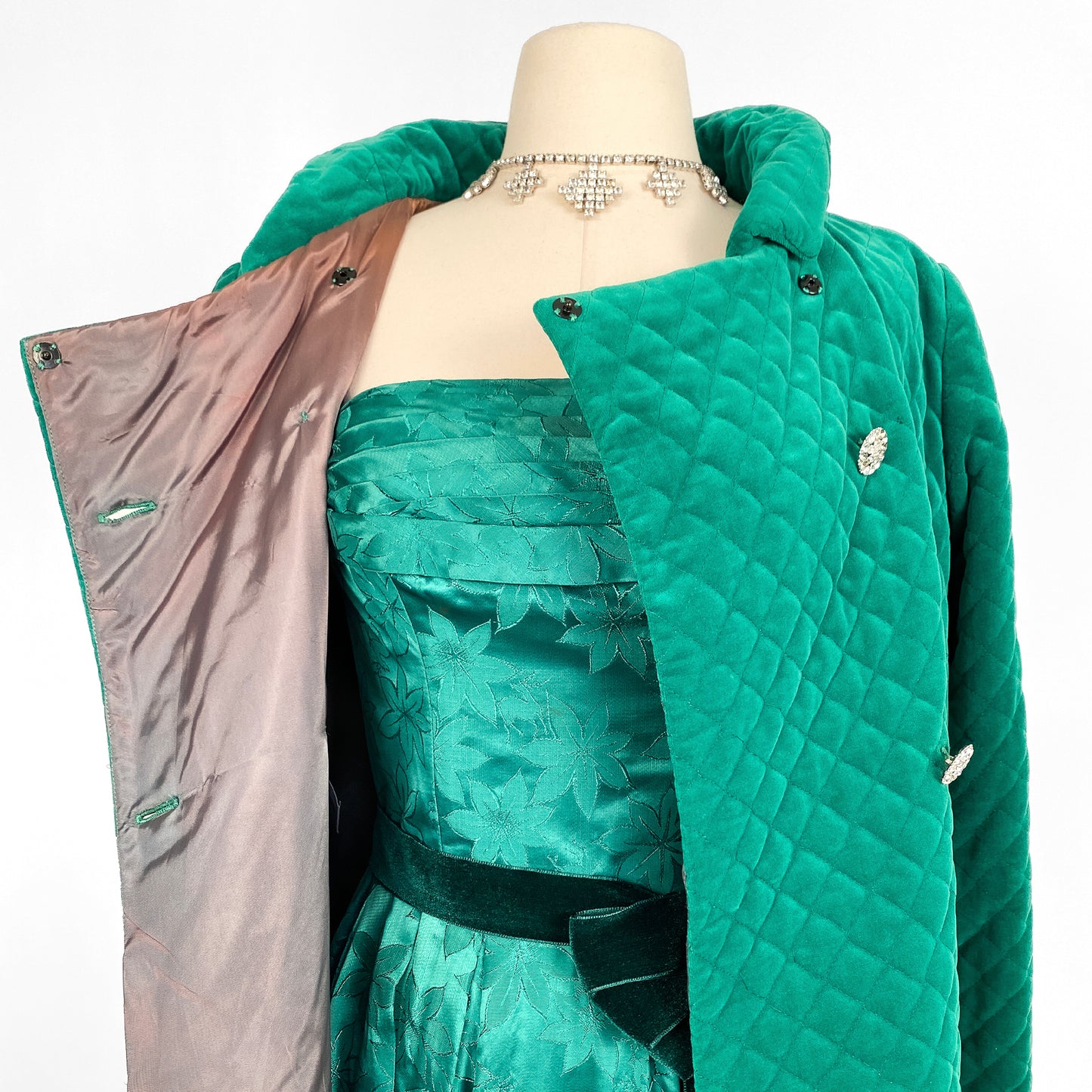 1960s Emerald Velveteen Quilted Evening Coat / One Size