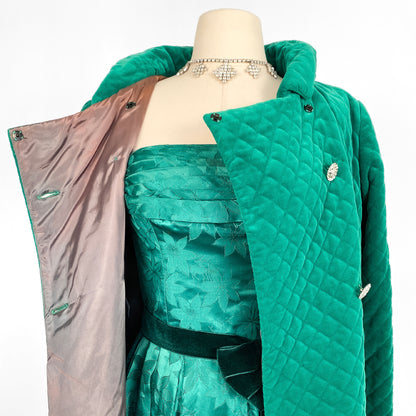 1960s Emerald Velveteen Quilted Evening Coat / One Size
