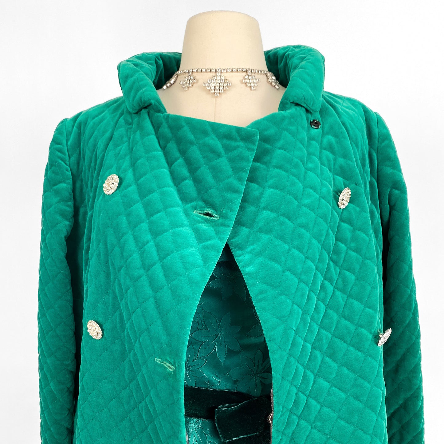 1960s Emerald Velveteen Quilted Evening Coat / One Size