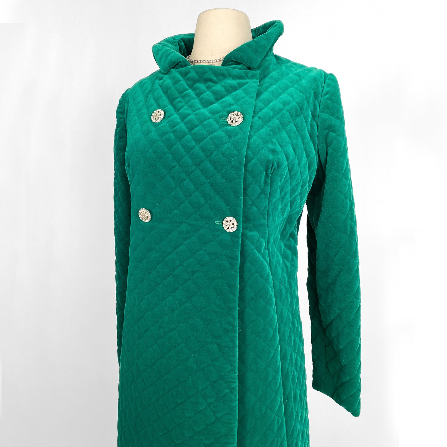 1960s Emerald Velveteen Quilted Evening Coat / One Size