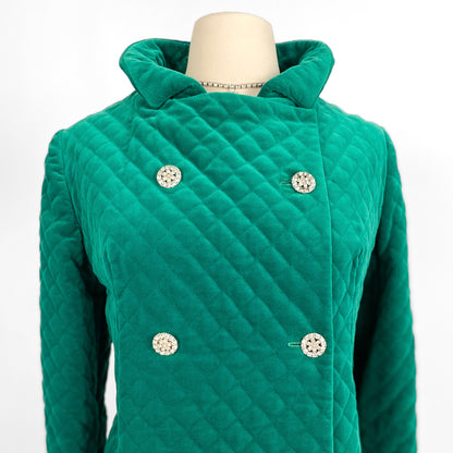 1960s Emerald Velveteen Quilted Evening Coat / One Size