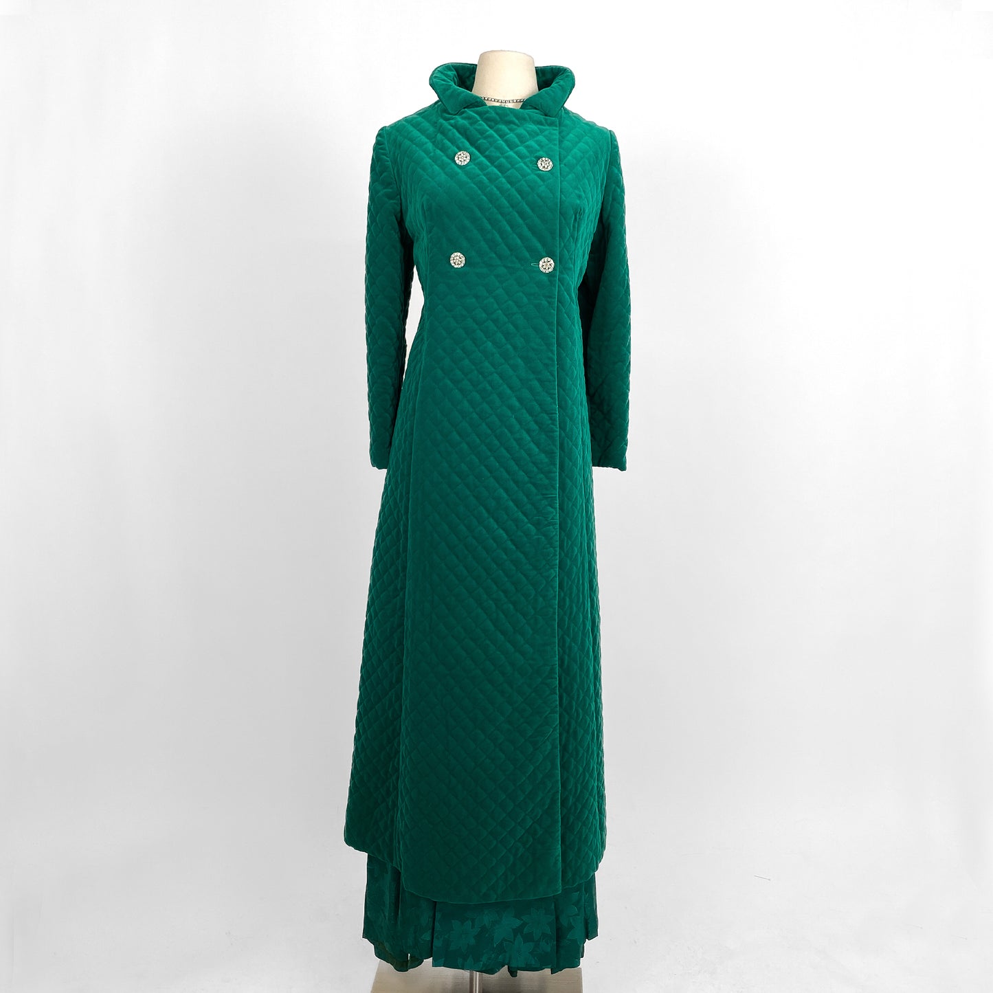 1960s Emerald Velveteen Quilted Evening Coat / One Size