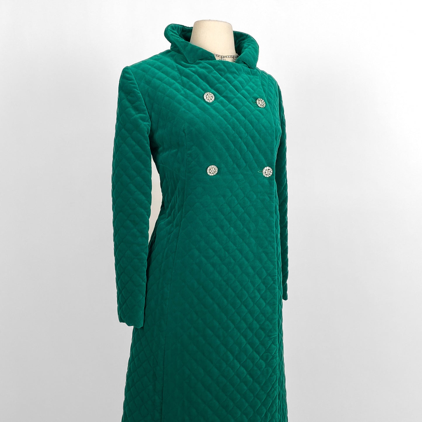 1960s Emerald Velveteen Quilted Evening Coat / One Size