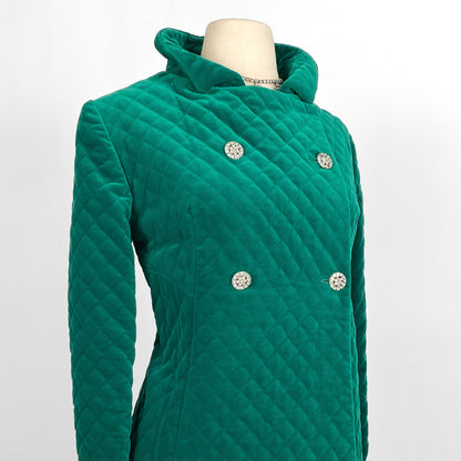 1960s Emerald Velveteen Quilted Evening Coat / One Size