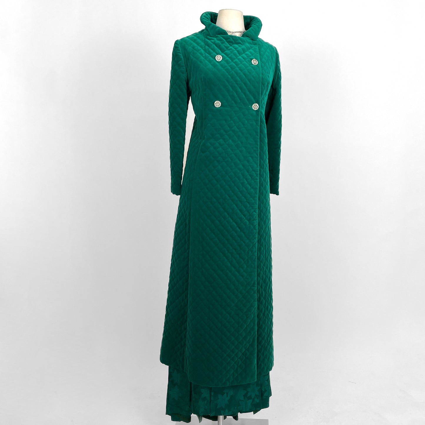 1960s Emerald Velveteen Quilted Evening Coat / One Size