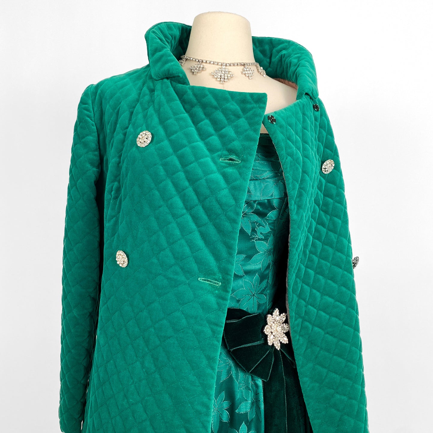 1960s Emerald Velveteen Quilted Evening Coat / One Size