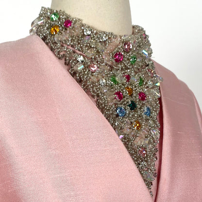 1960s Silk Pink Dress with Beaded Collar by Milgrim / Waist 36