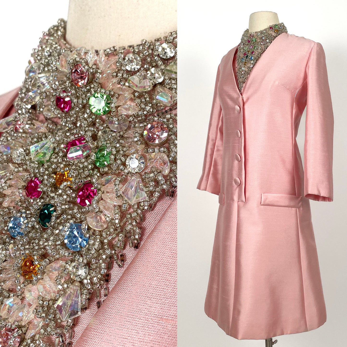 1960s Silk Pink Dress with Beaded Collar by Milgrim / Waist 36