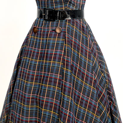 1950s Multi-Colored Plaid Cotton Dress / Waist 26