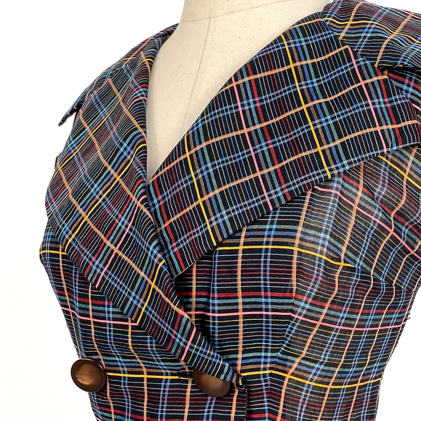 1950s Multi-Colored Plaid Cotton Dress / Waist 26