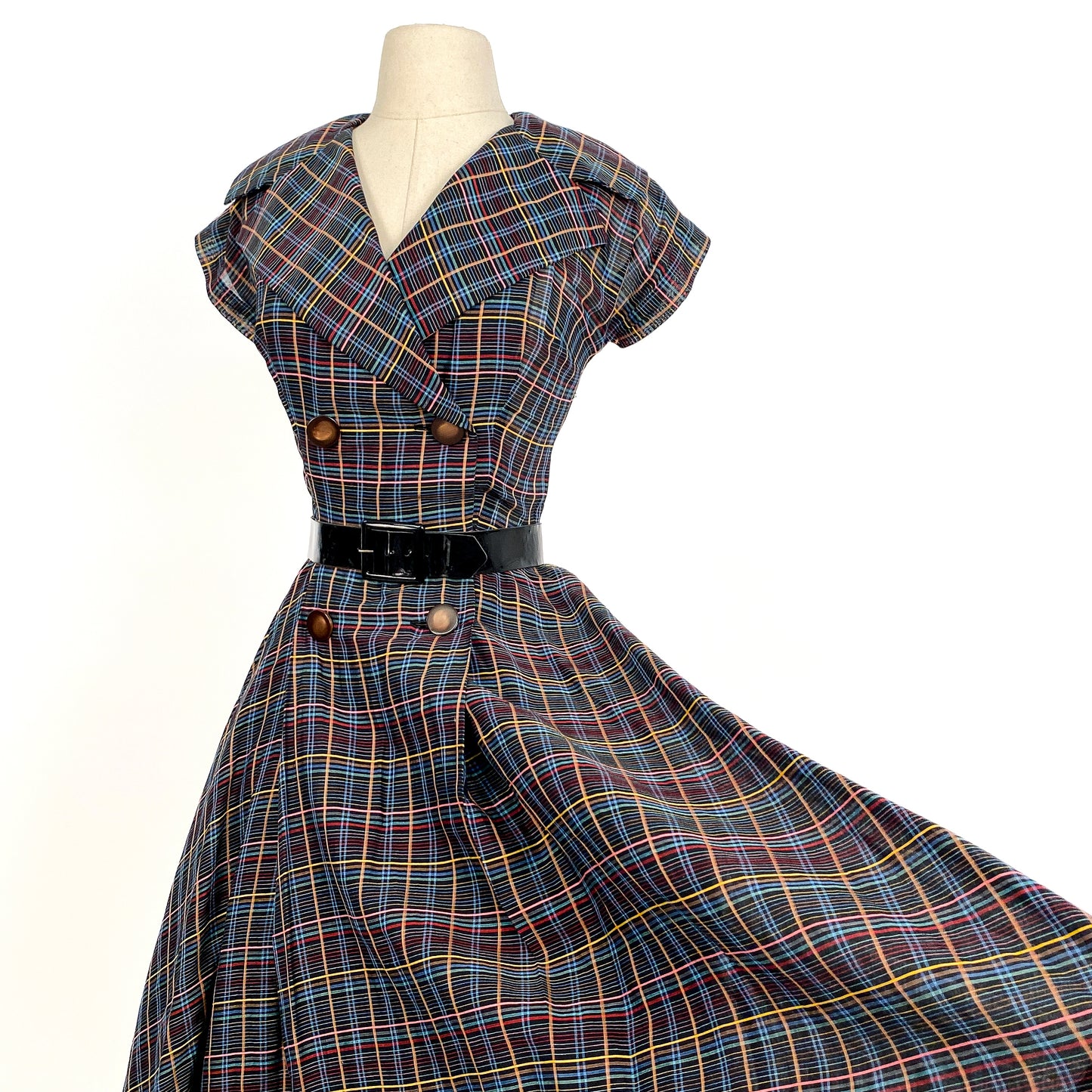1950s Multi-Colored Plaid Cotton Dress / Waist 26