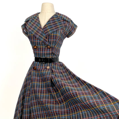 1950s Multi-Colored Plaid Cotton Dress / Waist 26