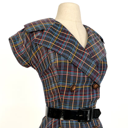 1950s Multi-Colored Plaid Cotton Dress / Waist 26