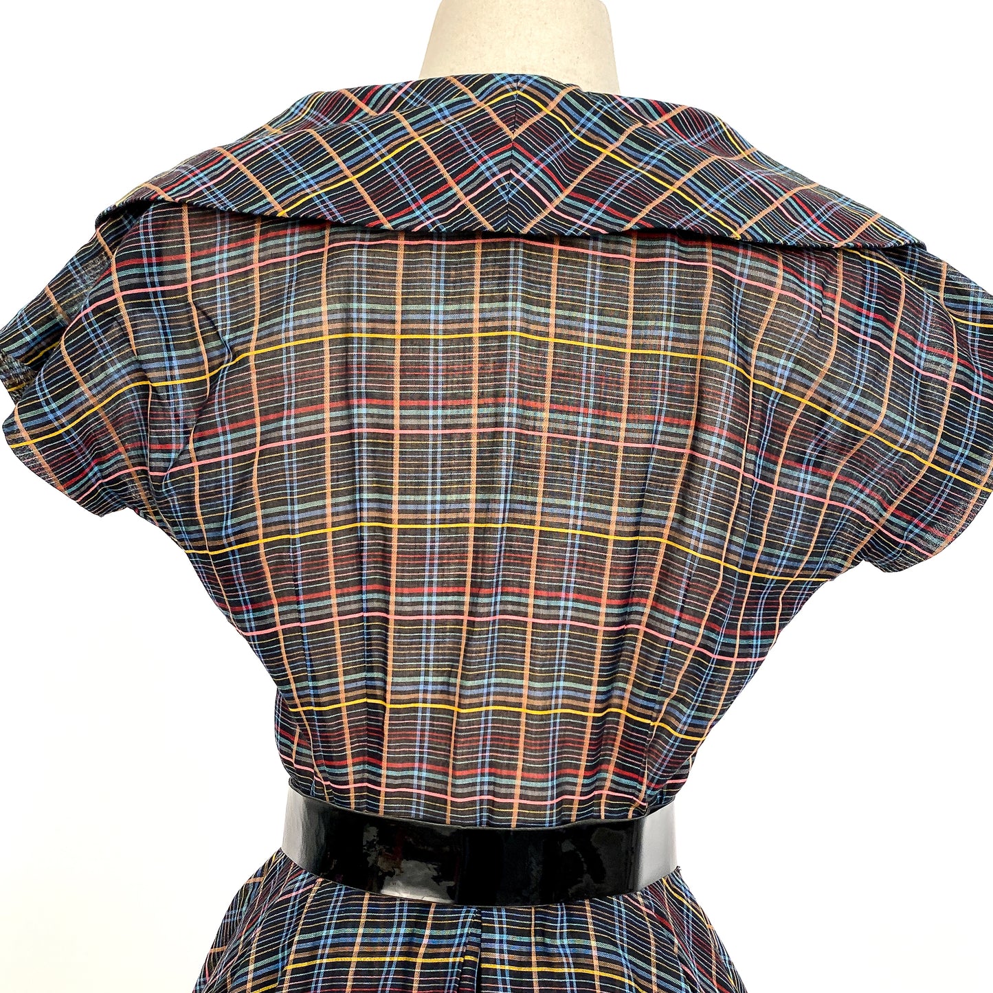 1950s Multi-Colored Plaid Cotton Dress / Waist 26