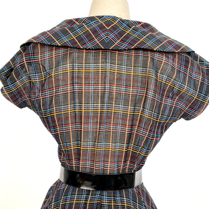 1950s Multi-Colored Plaid Cotton Dress / Waist 26