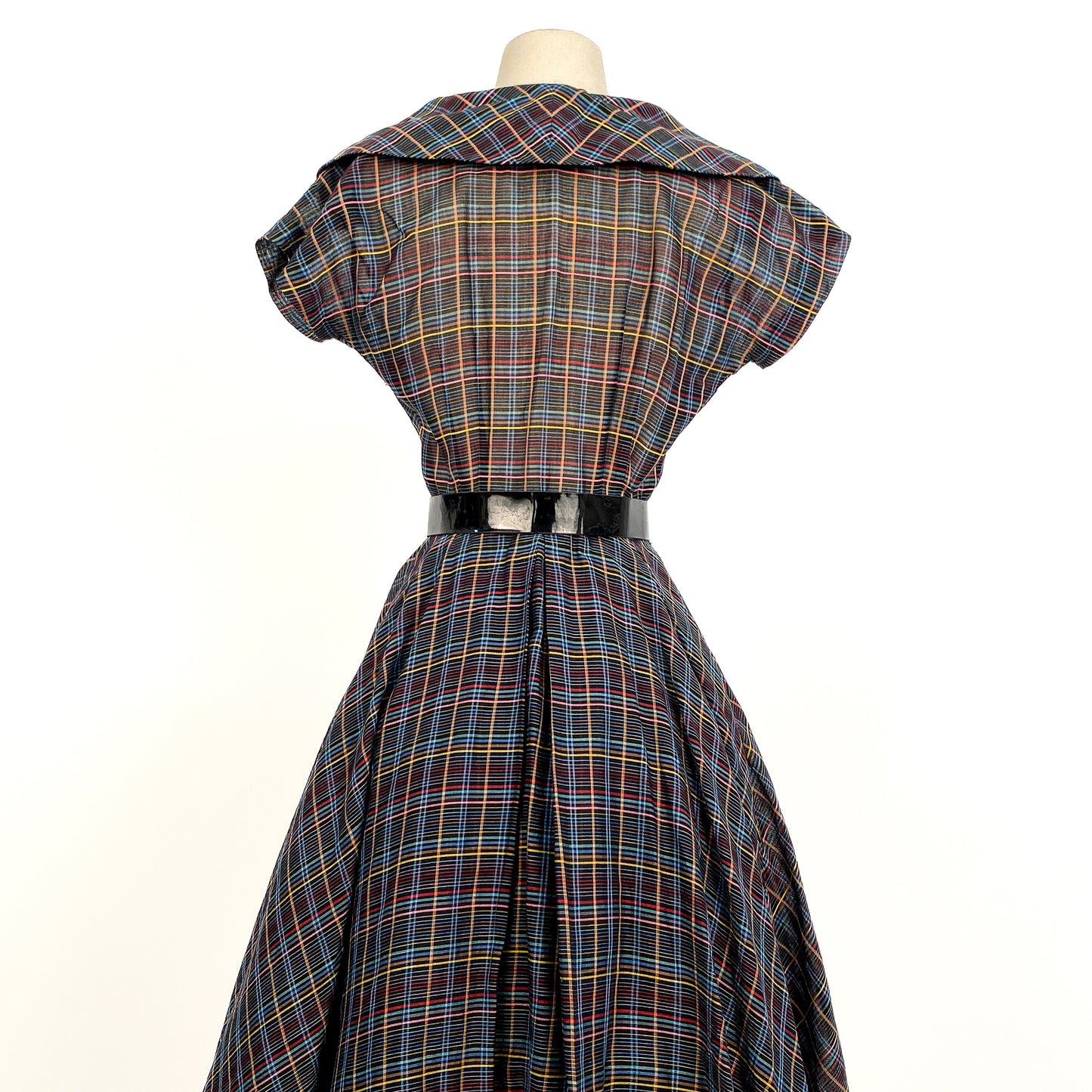 1950s Multi-Colored Plaid Cotton Dress / Waist 26