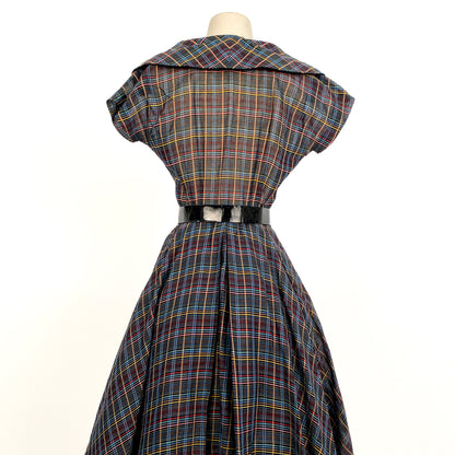 1950s Multi-Colored Plaid Cotton Dress / Waist 26