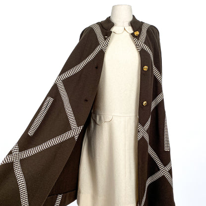 1960s Brown Wool Cape with Checkered Trim / One Size