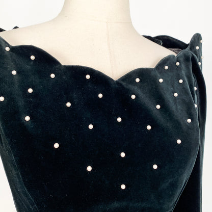 1980s Black Velvet Cold Shoulder Top with Pearls / Bust 38