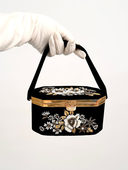 Black Velvet Beaded Floral Box Handbag