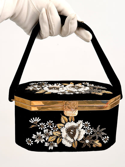 Black Velvet Beaded Floral Box Handbag