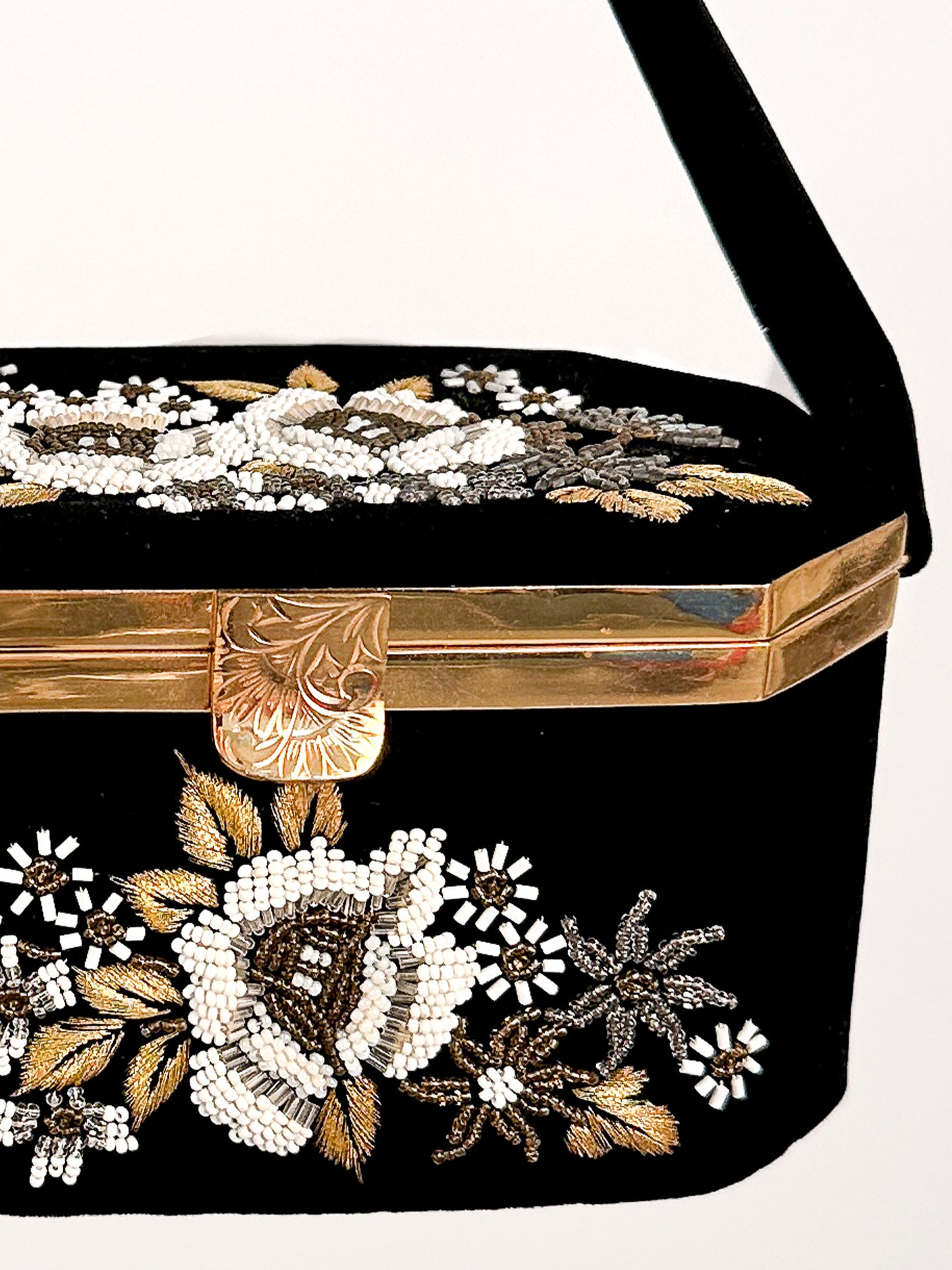Black Velvet Beaded Floral Box Handbag