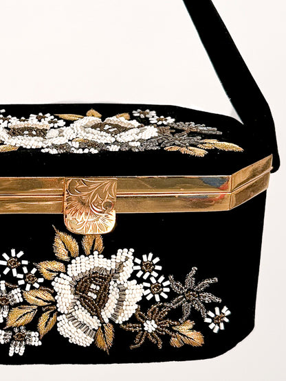Black Velvet Beaded Floral Box Handbag