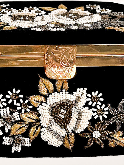 Black Velvet Beaded Floral Box Handbag