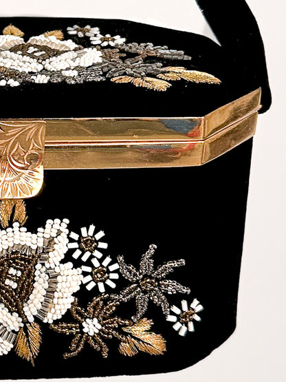 Black Velvet Beaded Floral Box Handbag