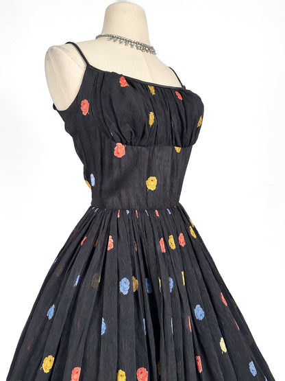 1950s Simply Sweet Mirco-Pleated Dress with Rose Print / Waist 26